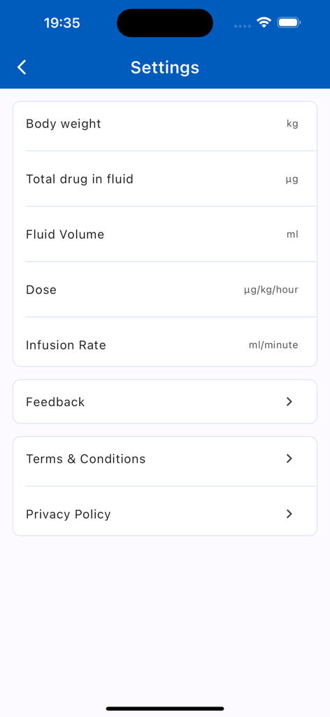 Settings screen of the Infusion Calculator app showing medical unit configuration for weight, dose, and volume.
