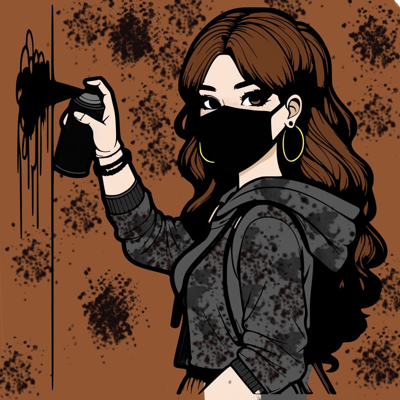 realistic girl with mask spray painting a wall