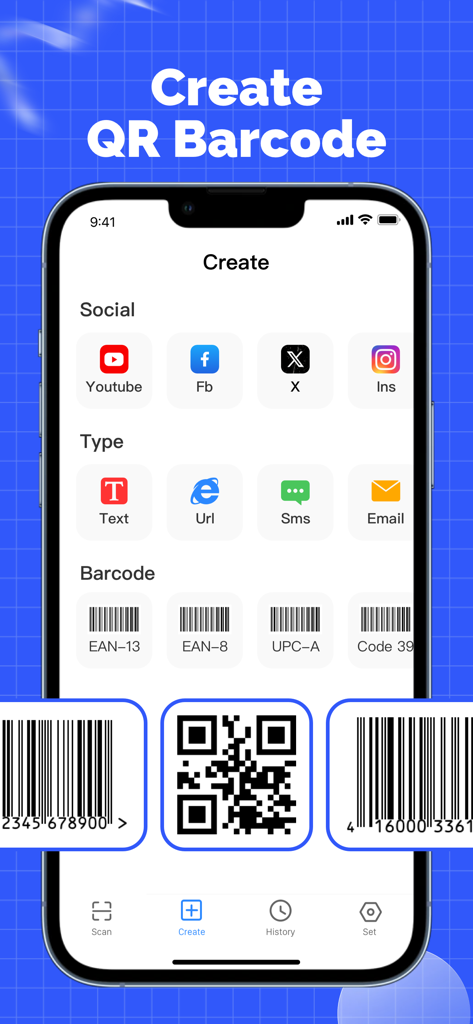 Interface of the Fast QR Barcode app showing various creation options for social media and barcodes