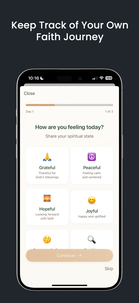 Logos: Bible Chat and Faith - Una pantalla móvil de la aplicación Logos preguntando a los usuarios cómo se sienten con opciones como Agradecido Tranquilo Esperanzado y Alegre.