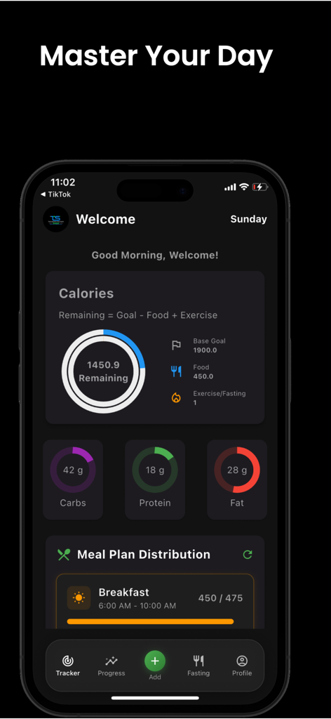 NutriScan: AI Calorie Counter - Panel de la aplicación NutriScan en modo oscuro mostrando las calorías restantes, el seguimiento de macros de carbohidratos, proteínas y grasas, y la distribución del plan de comidas diario.