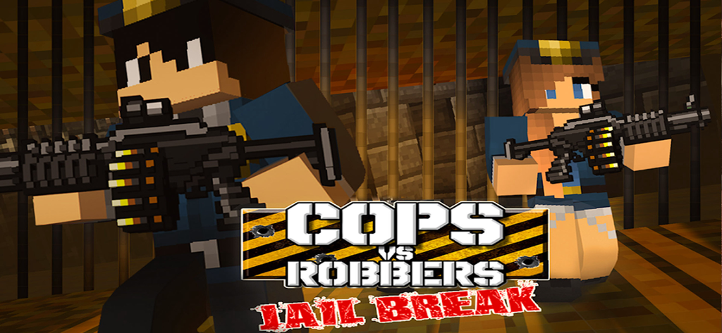Cops Vs Robbers: Jailbreak - 2人のブロック状の警官がライフルを持って刑務所の鉄格子の前に立っている