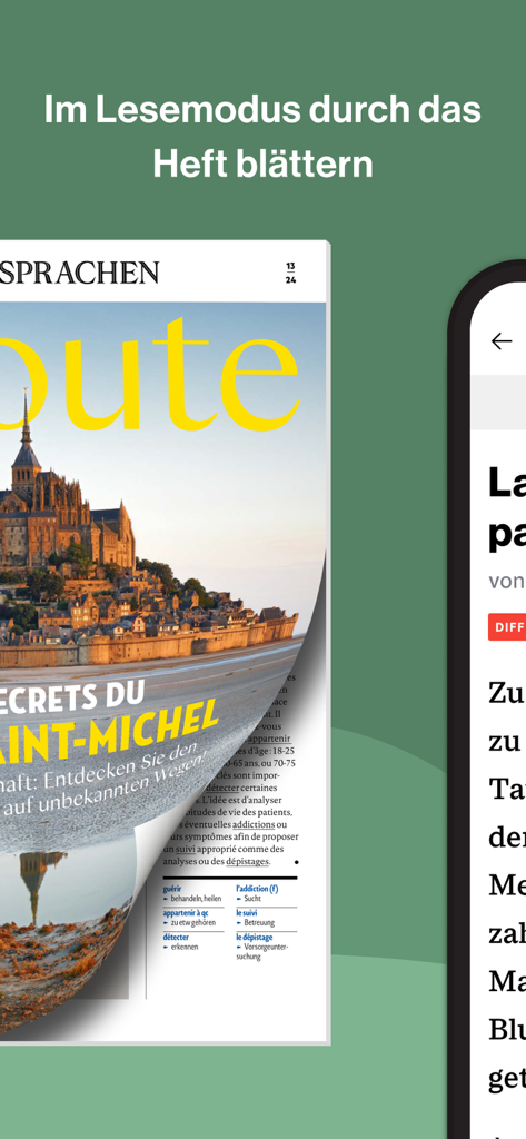 Interface de l'application Écoute montrant un magazine numérique de langue française en mode lecture avec un effet de retournement de page