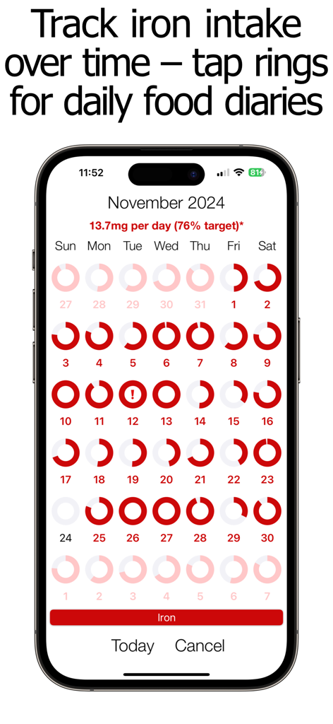 Iron Counter and Tracker - Monthly calendar view in the Iron Counter and Tracker app showing daily progress rings for iron intake.