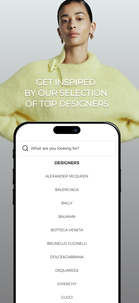 YOOX - Mobile screen of YOOX app showing a selection of top designers including Balenciaga and Gucci with a search bar.