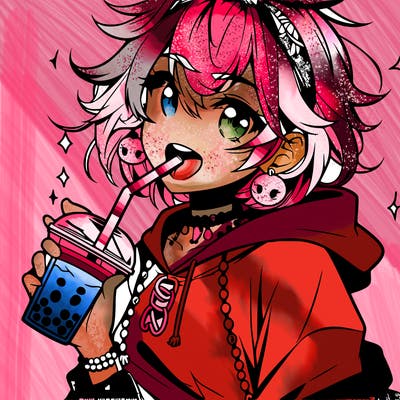 hot baddie anime girl drinking boba and biting the straw