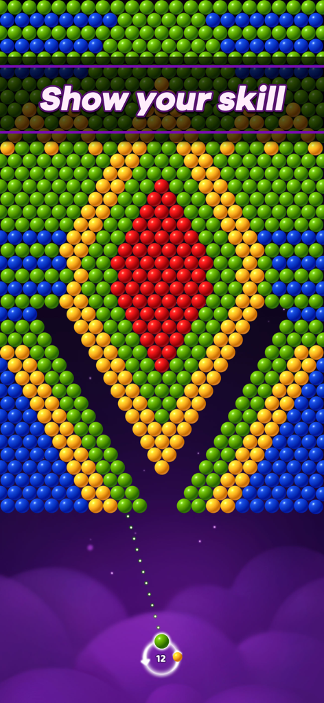 A screenshot of Bubble Pop Star gameplay showing a colorful bubble puzzle with a red diamond pattern and an aiming line