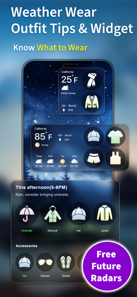 Weather Widget® - iPhone screens showing weather widgets with clothing and accessory recommendations based on current weather conditions.
