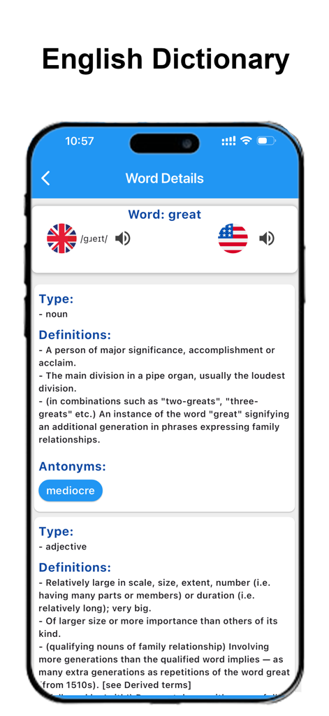 Correct Spelling-Spell Checker - English dictionary interface in the Correct Spelling app showing definitions and audio pronunciations for the word great