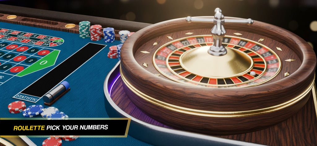 Velo Poker: Play Texas Holdem - Une roue de roulette 3D réaliste et une table de paris de casino avec des jetons colorés dans l'application Velo Poker.