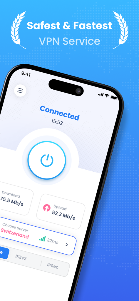 VPN Super Proxy 앱 화면에 연결 상태 및 인터넷 속도 성능 메트릭 표시