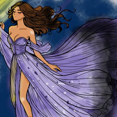 realistic woman in dress flowing the the wind