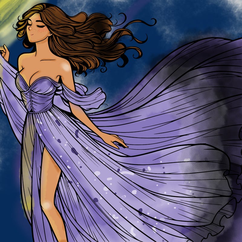 realistic woman in dress flowing the the wind