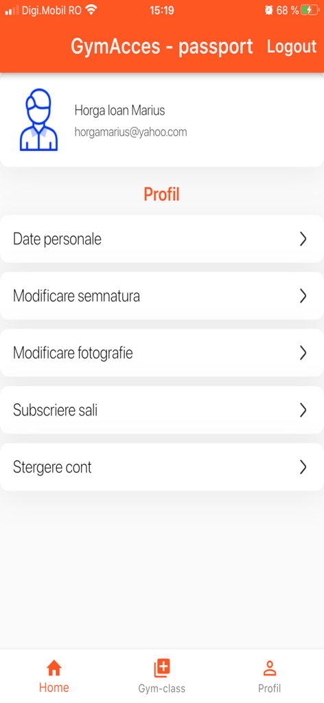 GymAcces Passport - Schermata del profilo utente nell'app GymAcces Passport che mostra la gestione dell'account e le impostazioni personali
