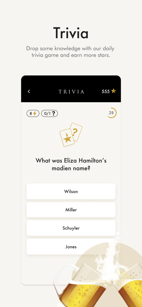 O recurso de jogo de trivia no aplicativo oficial Hamilton mostrando uma pergunta de múltipla escolha sobre o nome de solteira de Eliza Hamilton.
