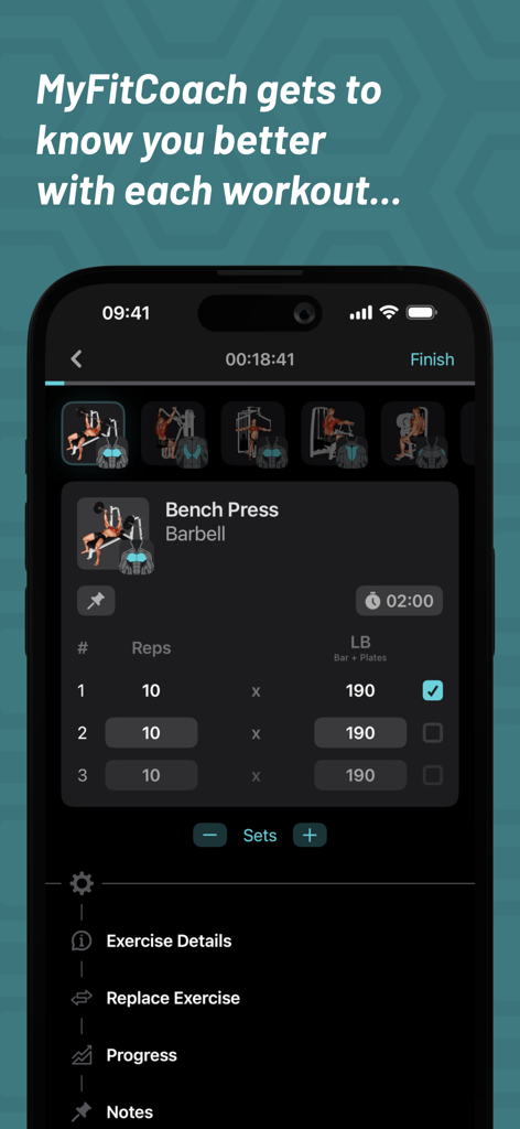 MyFitCoach - Workout Planner - MyFitCoach app workout log showing barbell bench press exercise with sets reps and weight tracking