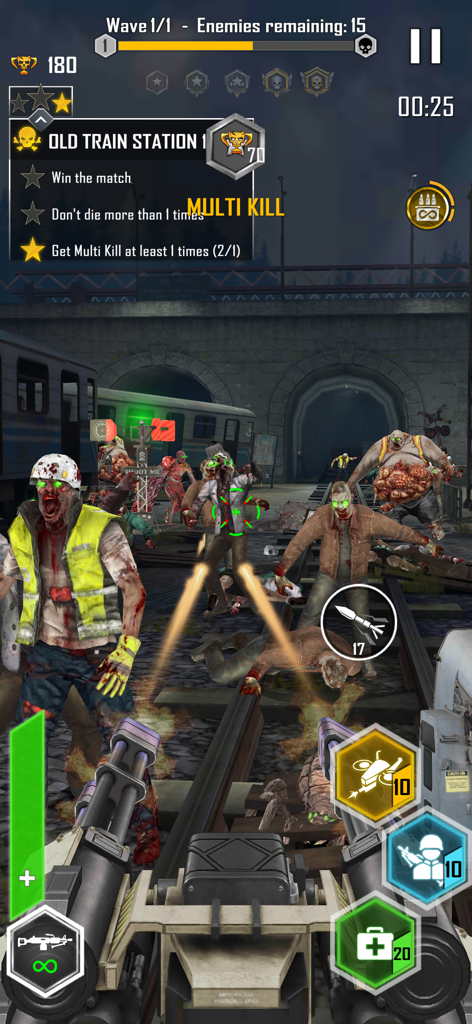 Zombie Hunter: Shoot or Dead - Action-packed first-person gameplay showing a player shooting a horde of zombies at an old train station