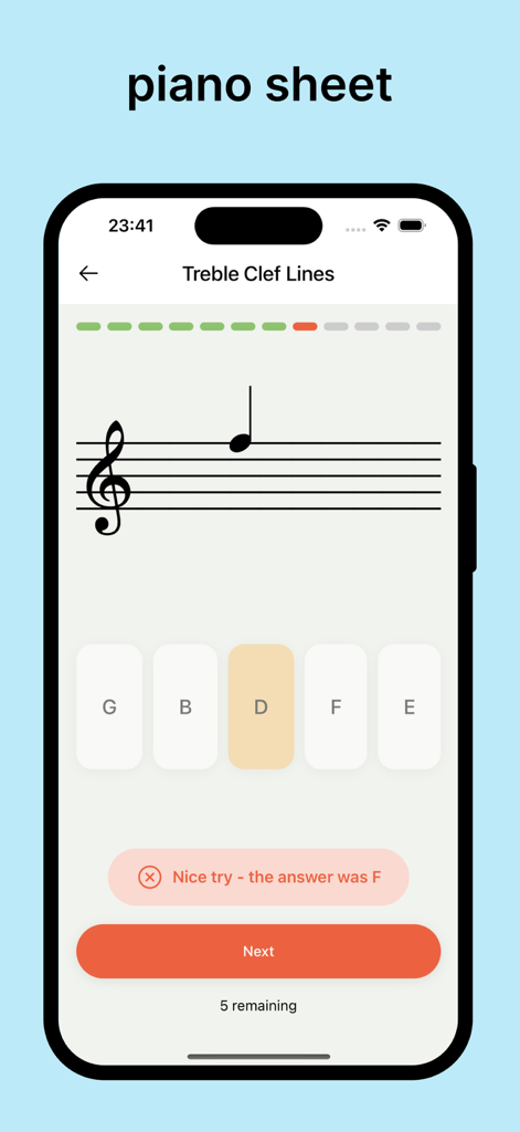 Piano Sheet Notes - A music education app screen showing a treble clef note quiz with multiple choice answers.