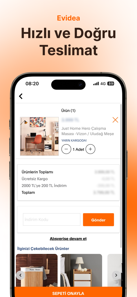 Evidea mobile app checkout screen displaying a desk in the shopping cart with details on fast delivery and order summary
