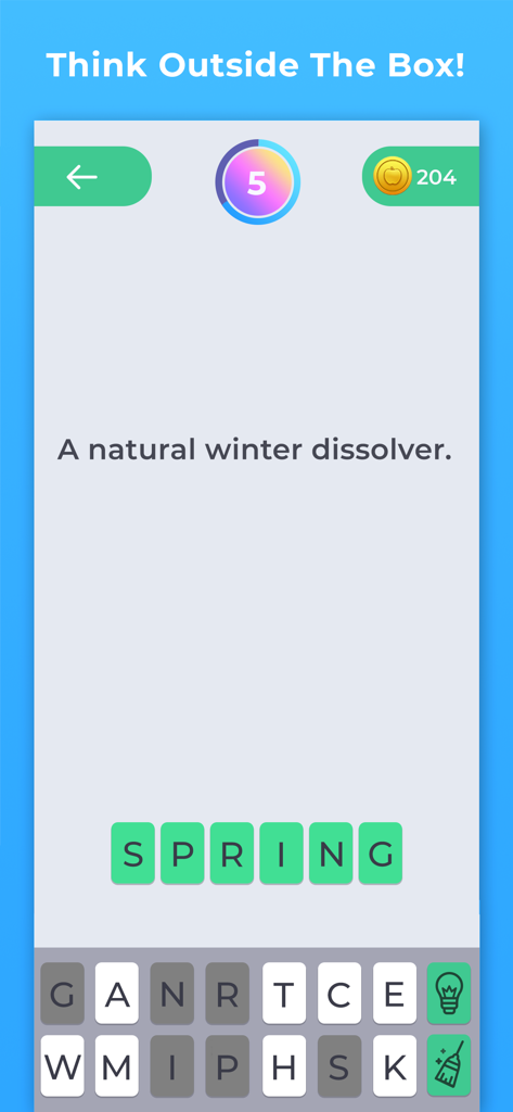 Riddle game interface showing the solution spring for the clue a natural winter dissolver