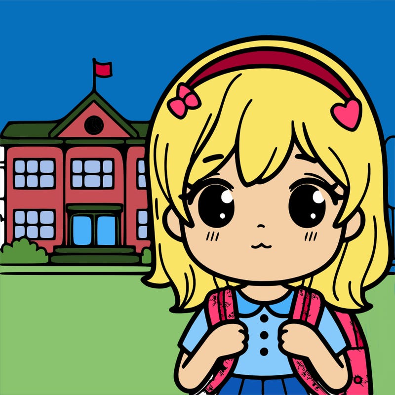 shy girl in front of a school