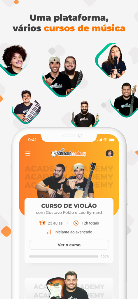 Cifra Club Academy - Cifra Club Academy app interface showing guitar courses and professional music instructors
