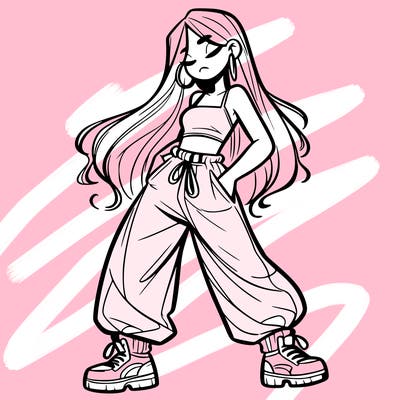 girl in baggy pants crop top and long hair