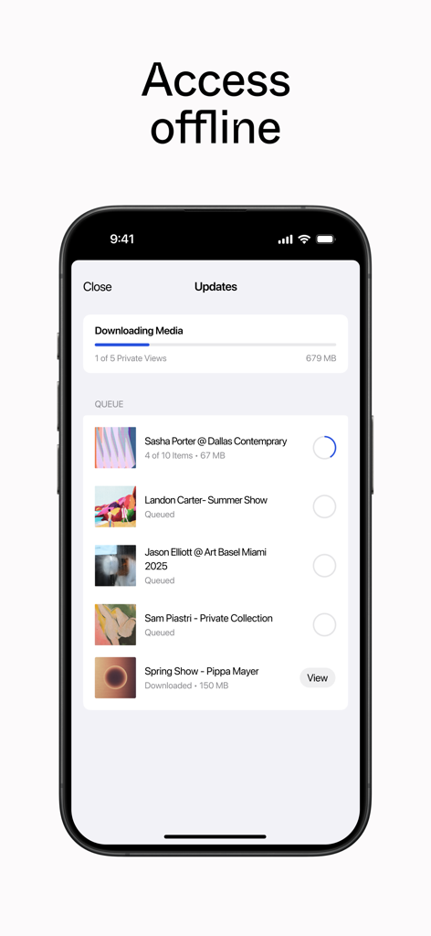 Artlogic app screen showing the progress of downloading artwork presentations for offline access