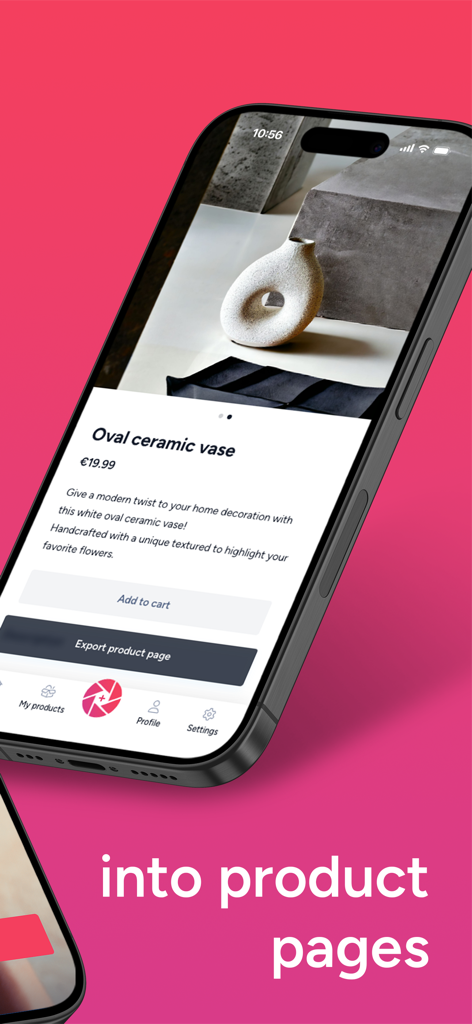 Smartphone affichant une page produit e-commerce générée par IA pour un vase en céramique dans l'interface de l'application Pizi