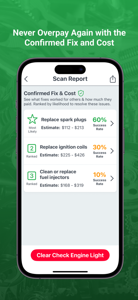 FIXD app scan report showing confirmed car fixes and repair cost estimates