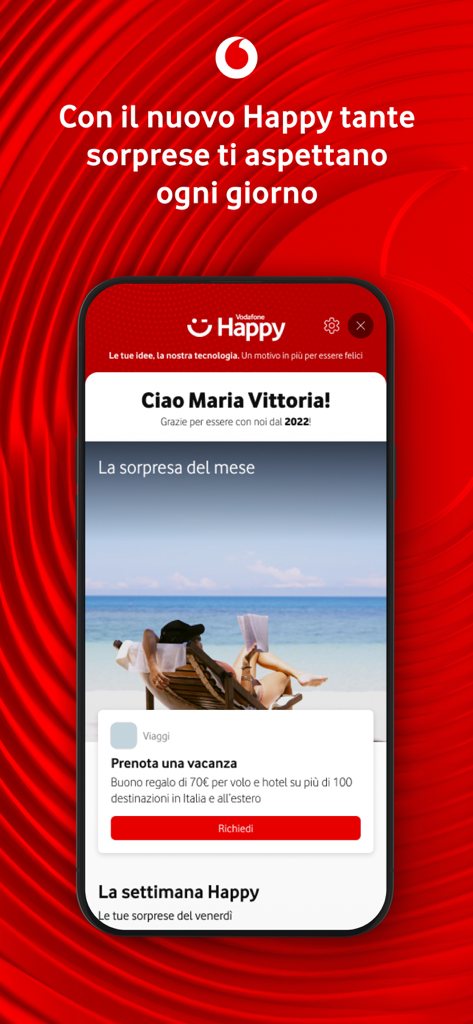 Tela do aplicativo Minha Vodafone Itália mostrando o programa de fidelidade Vodafone Happy com uma oferta de desconto para reserva de férias.