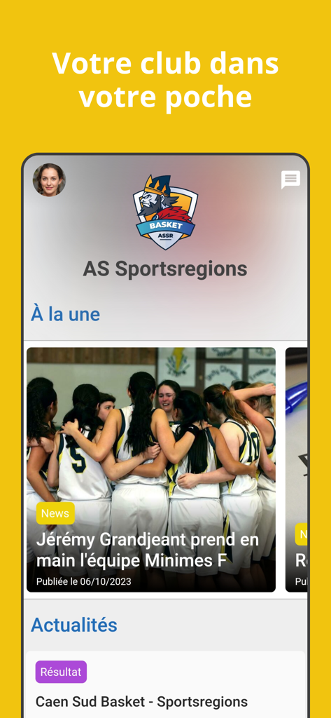 Sportsregions - Sportsregions app interface showing youth basketball team news and club updates