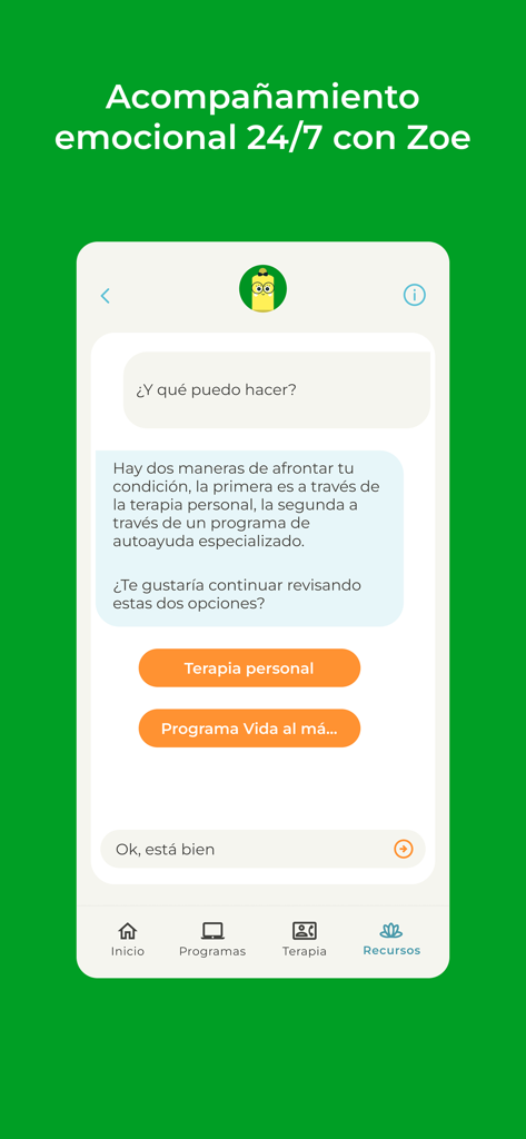 Starbien App - Tela do aplicativo Starbien mostrando uma interface de chat de apoio emocional 24/7 com opções de terapia em espanhol