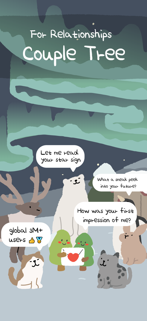 Cute cartoon characters and tree mascots under northern lights promoting the Couple Tree relationship app