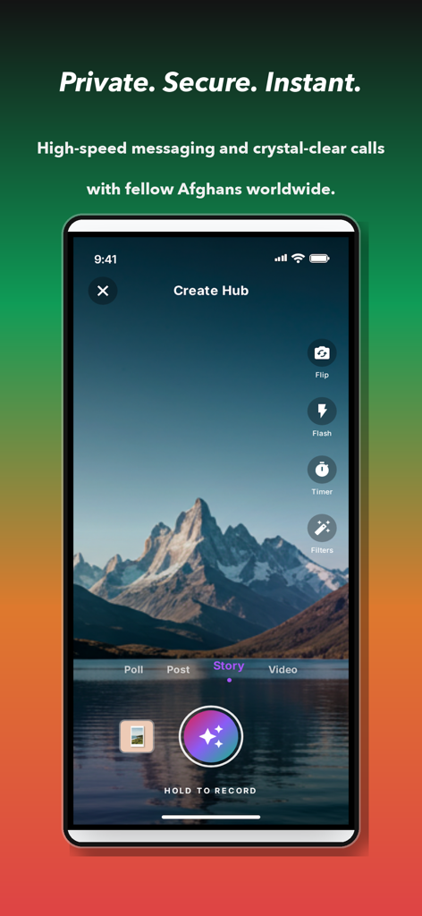 AfghanG: Digital Afghanistan - AfghanG app camera interface for creating stories and videos with mountain background