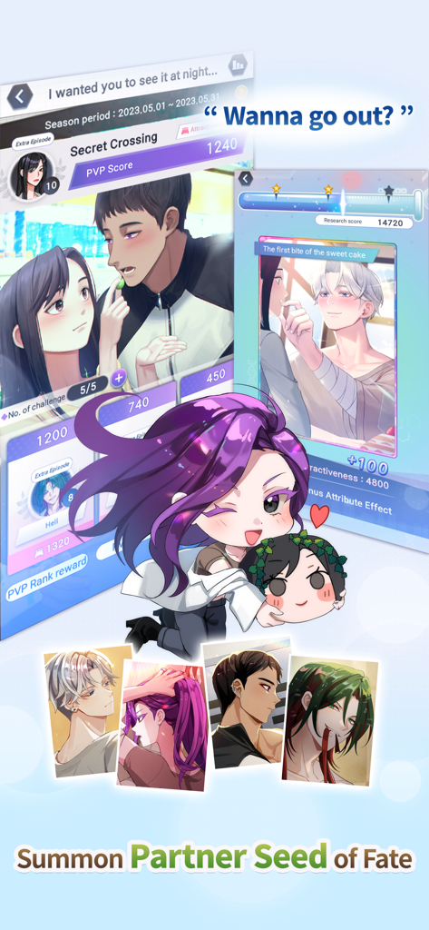 Secret Crossing : story game - Anime characters and summoning screen for Secret Crossing game