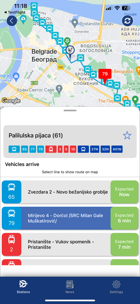 Beograd Plus - Beograd Plus app interface showing real-time bus and tram arrivals on a Belgrade map