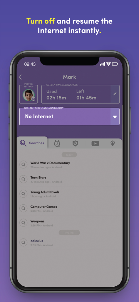 Net Nanny app interface showing how to turn off the internet and monitor a childs search history