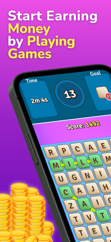 Real Prizes Word Search Game - Jogabilidade de celular do Real Prizes Word Search Game com uma grade de palavras com a palavra 'milk' destacada e pilhas de moedas de ouro.