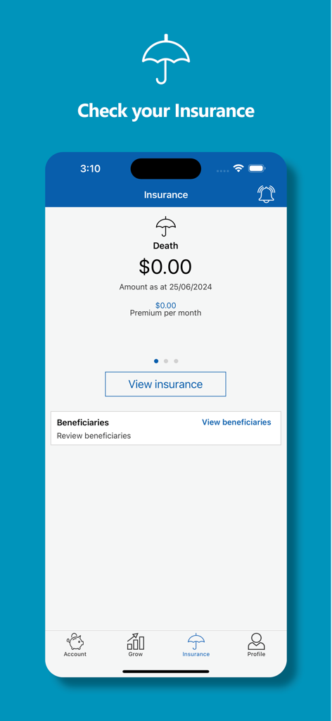Pantalla de la app móvil NESS Super que muestra detalles de cobertura de seguro y gestión de beneficiarios