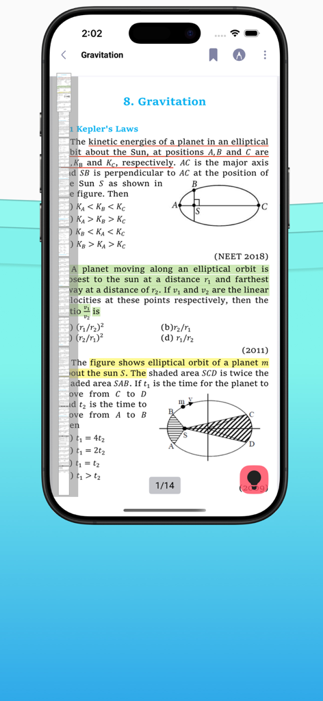 NEETPrep: Papers & Mock Tests - Una pantalla de aplicación móvil que muestra preguntas de opción múltiple de física de NEET para el capítulo de gravitación.