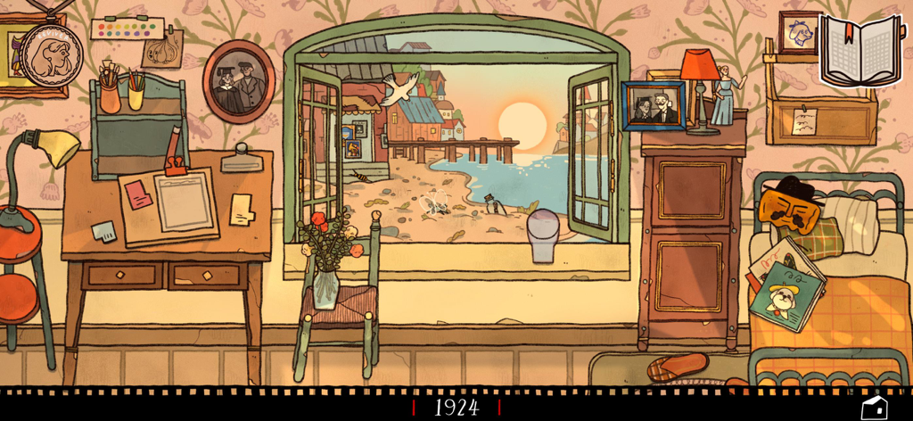 Reviver: Butterfly - Handgezeichnetes Vintage-Schlafzimmer mit Blick auf einen Küsten-Sonnenuntergang