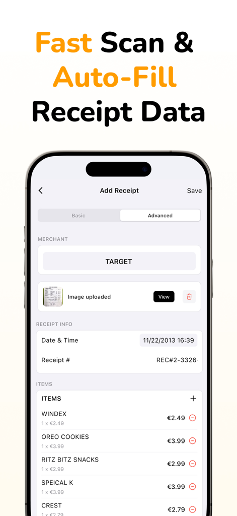 Receipto: Tax Receipt Scanner - Receipto app interface displaying auto-extracted merchant and itemized expense data from a scanned receipt
