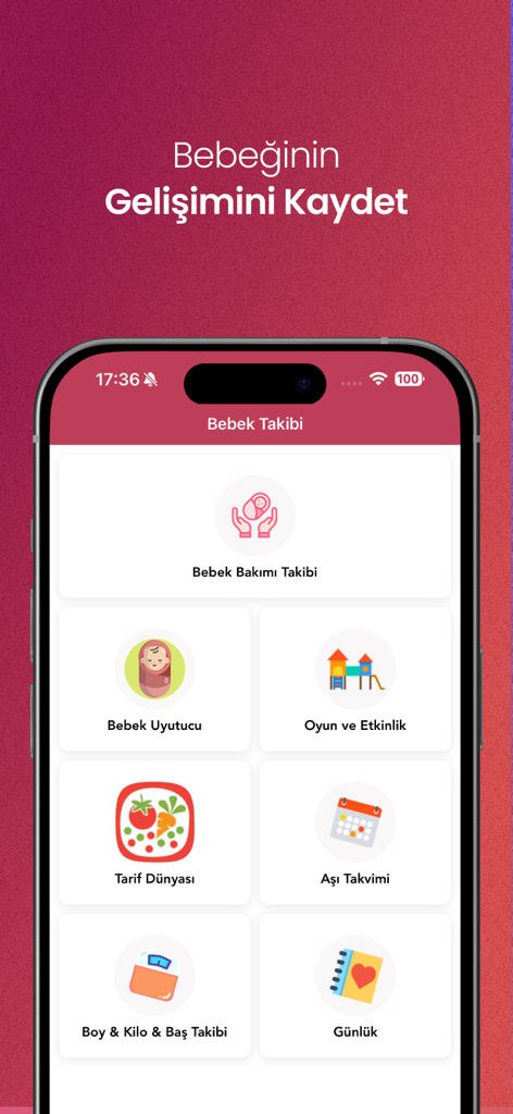 Mobile dashboard of the Happy Kids app featuring tracking tools for baby growth, vaccination schedules, and daily activities.
