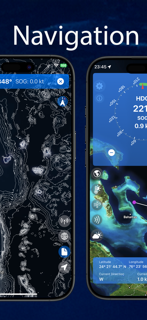 Sea Maps - Interface d'application de navigation marine montrant des cartes satellites avec suivi des navires AIS et données océaniques en temps réel.