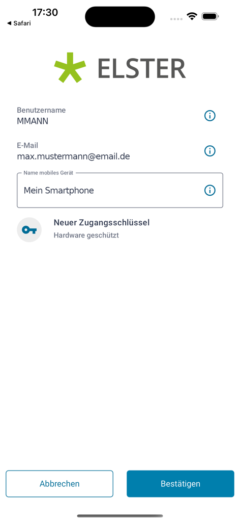ElsterSecure app setup screen displaying user account details and mobile device configuration