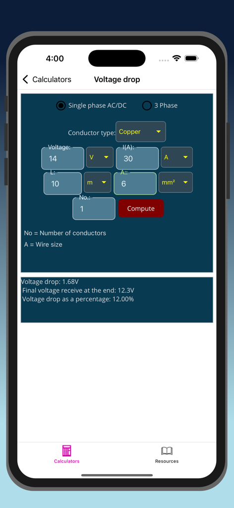 ElectricCalc Pro - Interfaz de la calculadora de caída de voltaje en la aplicación móvil ElectricCalc Pro que muestra los campos de entrada y los resultados.