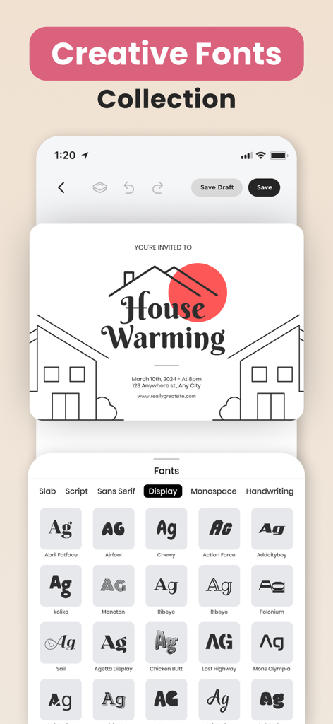Invitation Maker - Greetings - Mobile App-Oberfläche, die eine Einladungsvorlage für einweihungsfeiern mit einer Vielzahl von kreativen Schriftoptionen darunter zur Anpassung zeigt.