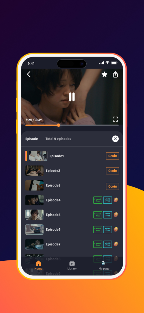 A mobile screen showing the BUMPiNT app interface with a drama video player and an episode selection list featuring free and ad-supported content.