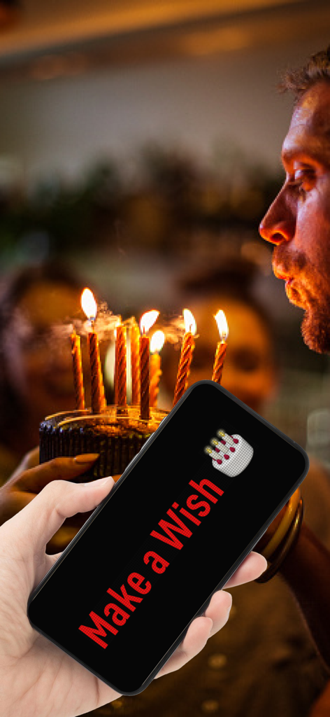 Led Banner - Led Running Text - 誕生日パーティーで、「Make a Wish」という赤いLEDスクロールテキストが表示されたスマートフォンを持つ手。
